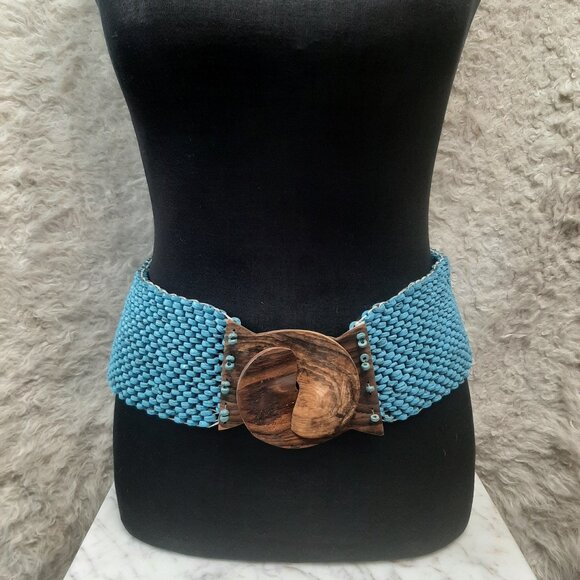Vintage Boho Turquoise Blue Soft Surroundings Stretch Wooden Beaded Belt - Picture 1 of 7